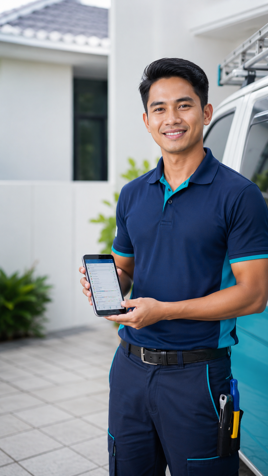 A field-service technician holding a tablet beside his van