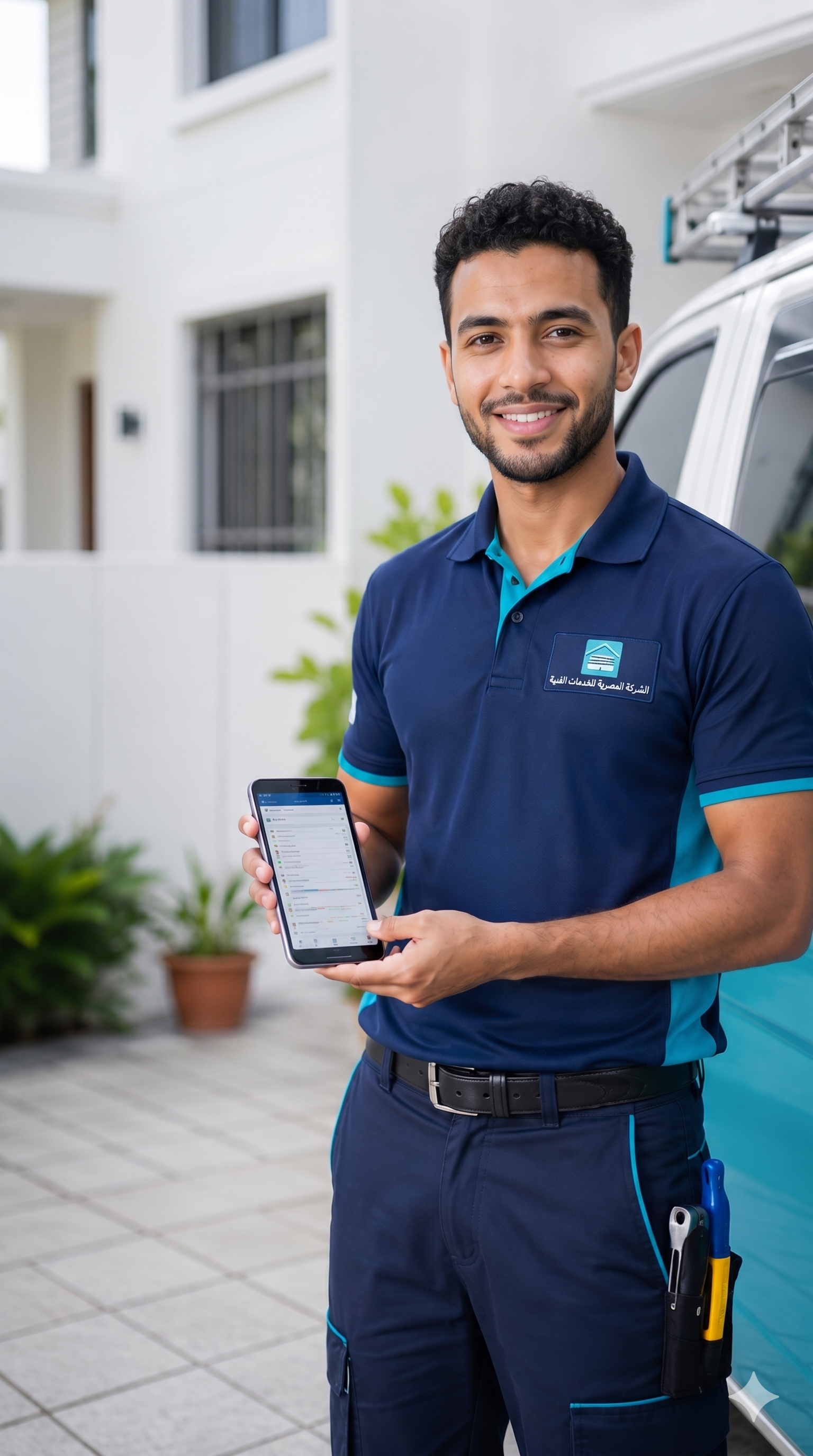 A field-service technician with a tablet beside his van