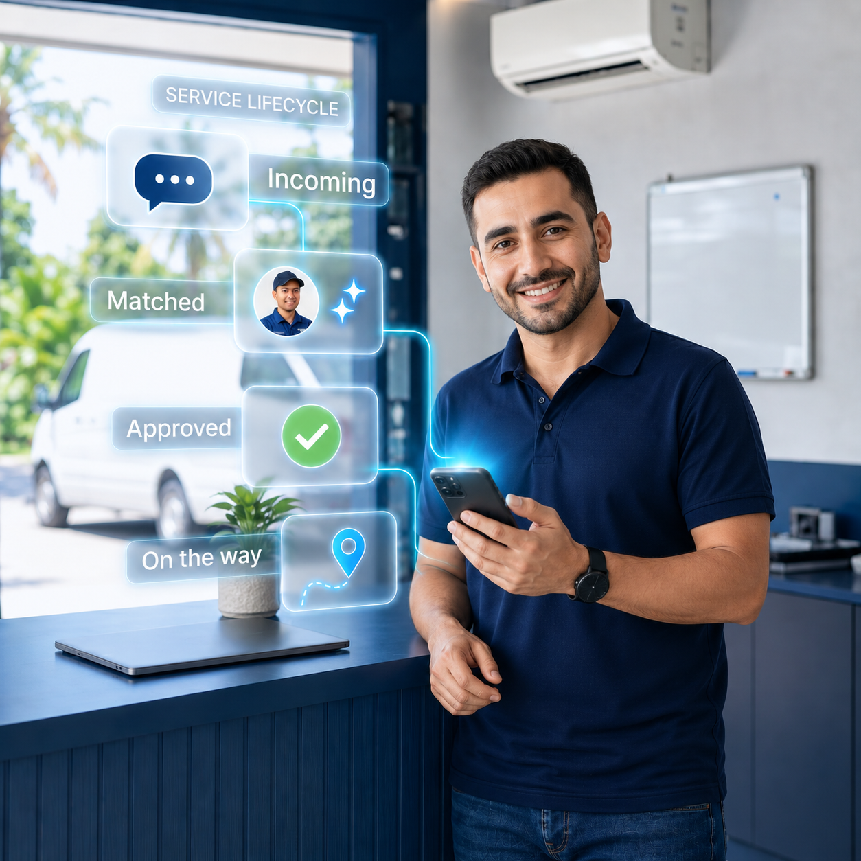 A service-business owner holding his phone, with the Agentra service lifecycle — Incoming, Matched, Approved, On the way — beside him