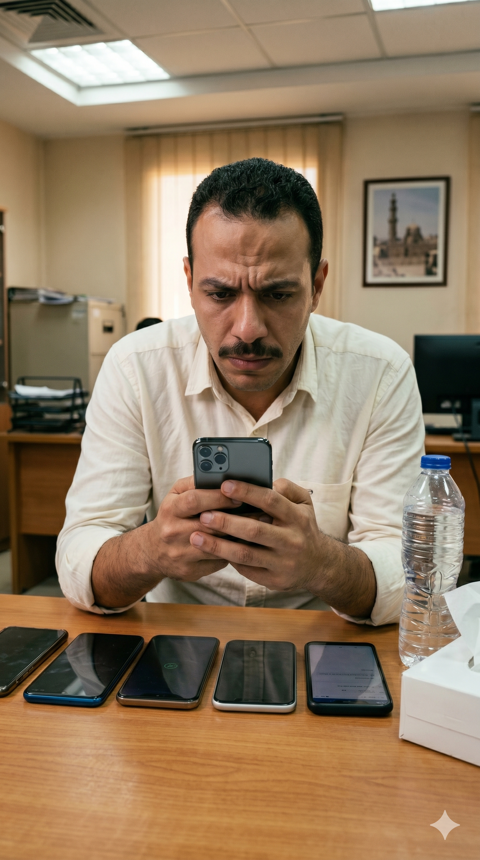 A service-business operator overwhelmed, juggling several phones