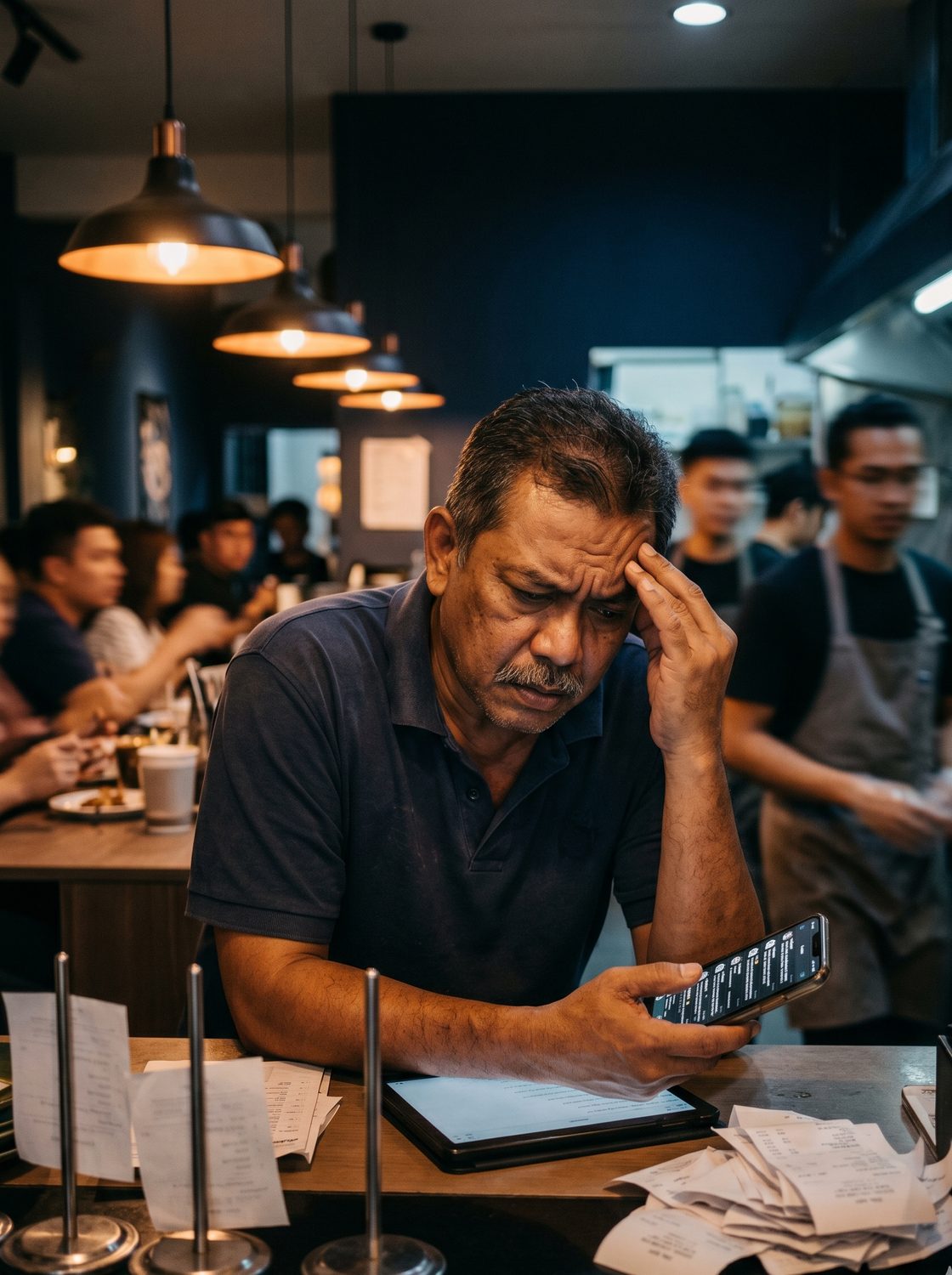 An overwhelmed restaurant owner juggling orders on his phone amid order tickets during a rush